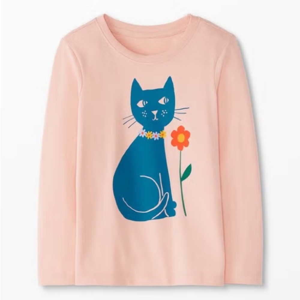 Hanna Andersson long-sleeve graphic tee shirt with a blue cat and flower graphic - Picture 3 of 9